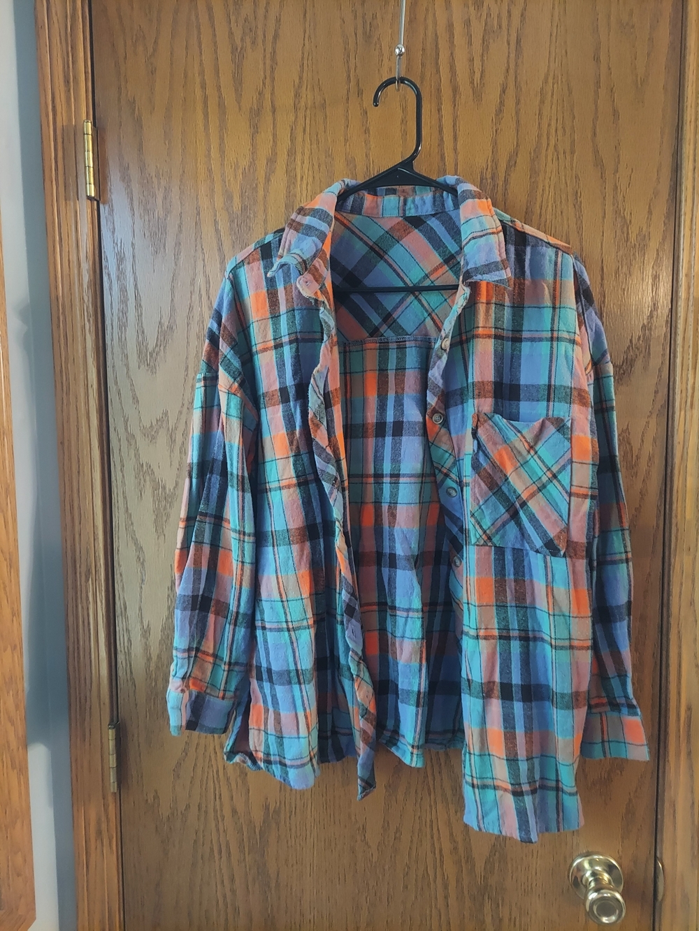 100% Cotton Plaid Button Down Flannel Shirt Teal Blue Orange Women's Large